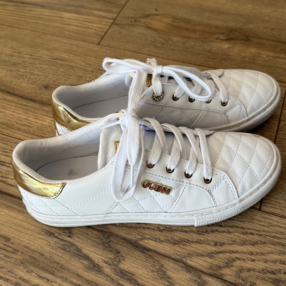 Guess White and Gold Quilted Sneakers